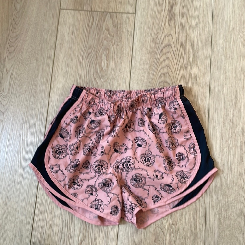 Nike dark coral w/ black floral print athletic shorts w/ drawstring, medium